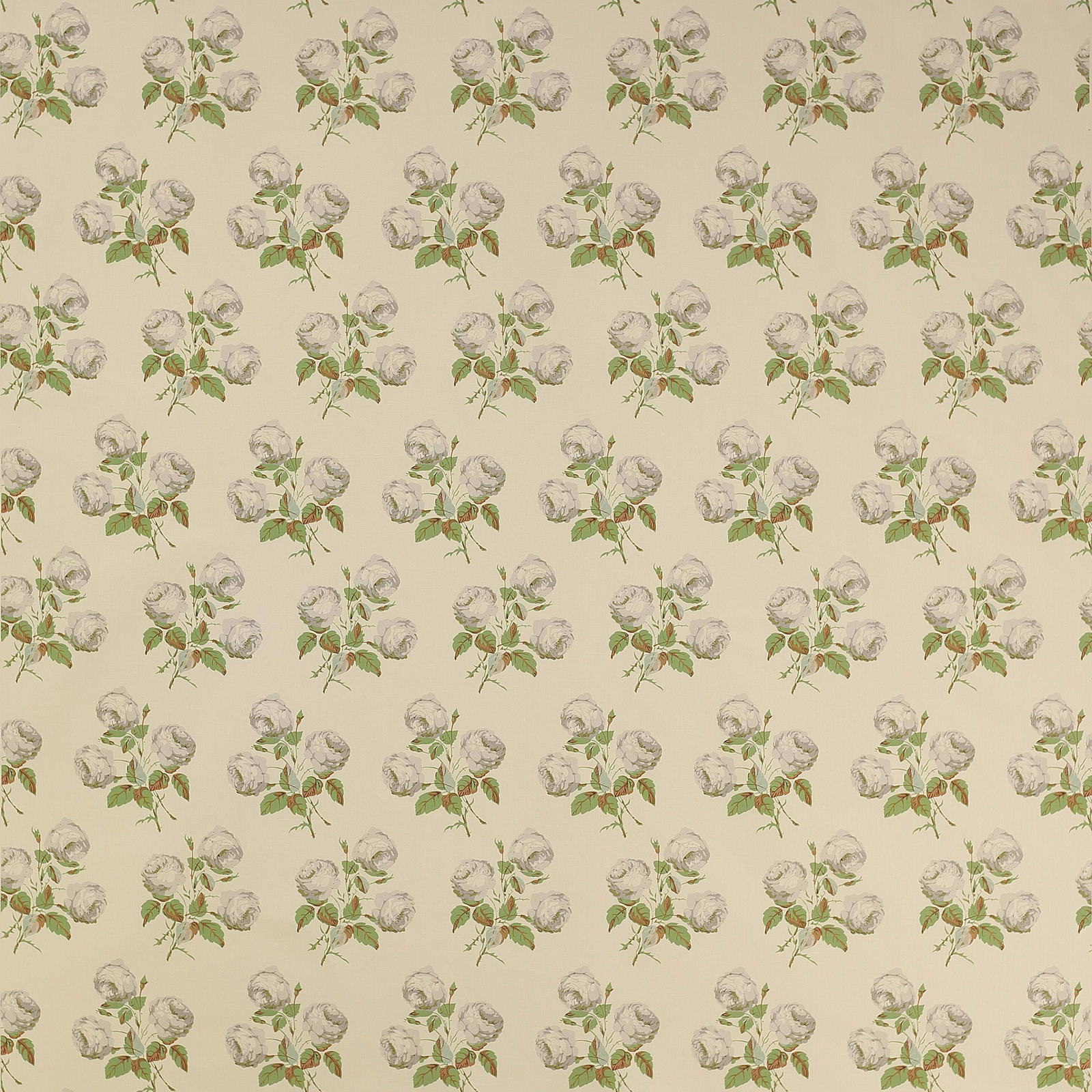 Small grey-green rose sprigs scattered on a warm ivory fabric ground
