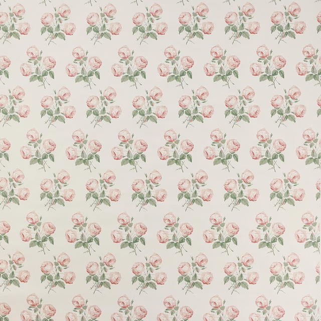 Small pink rose sprays and green leaves on a pale ivory cotton ground