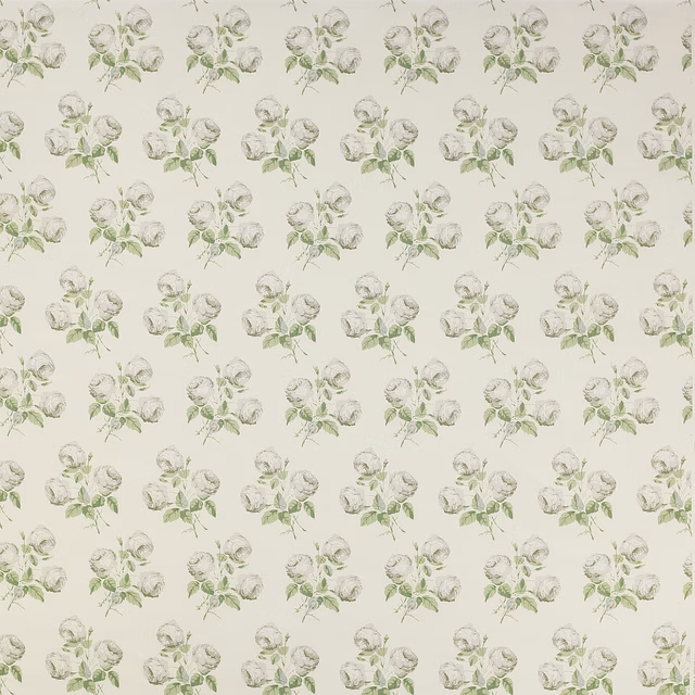 Pale cream floral fabric with small silver-grey roses and soft green leaves