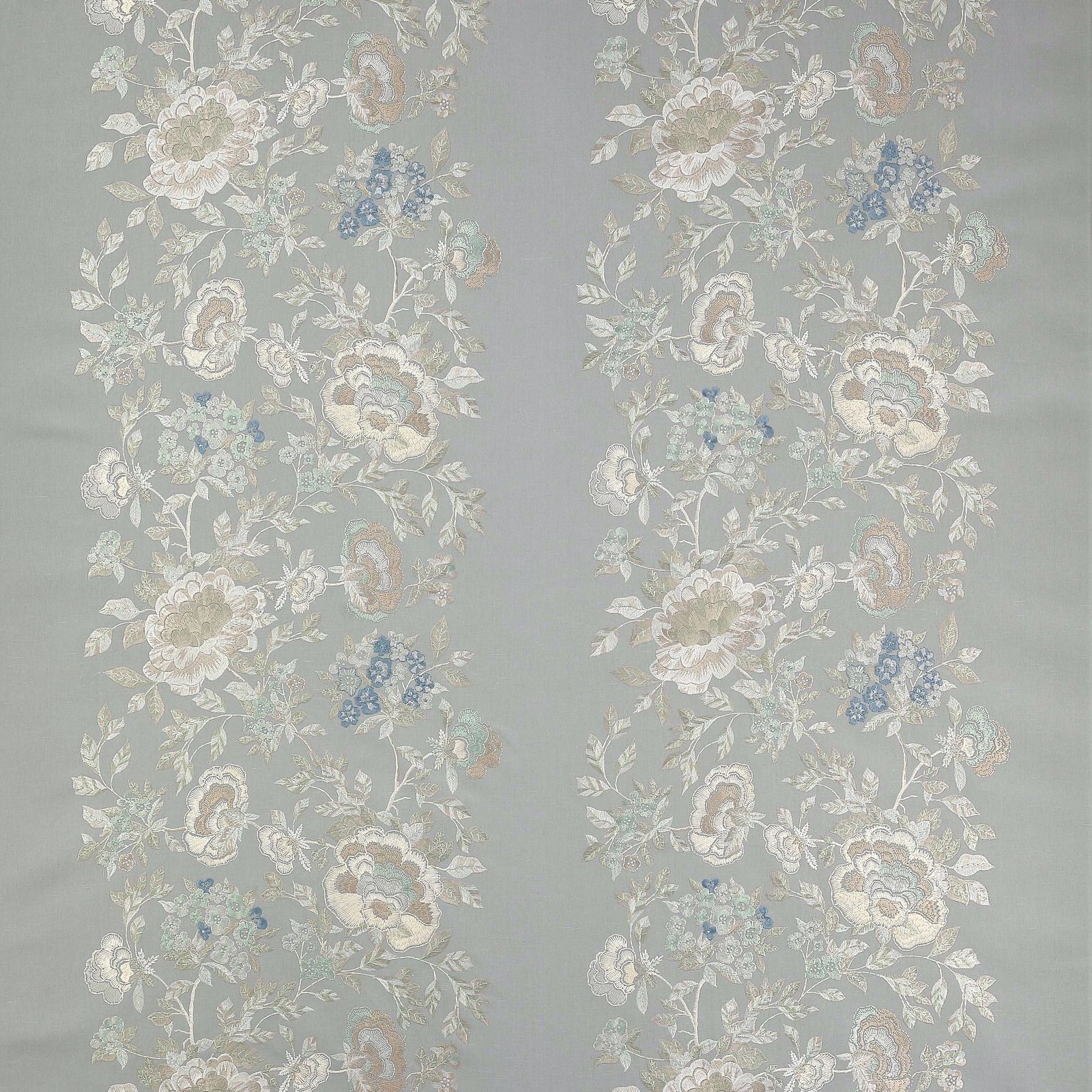Pale blue-grey floral stripe fabric with ivory blooms and soft trailing leaves