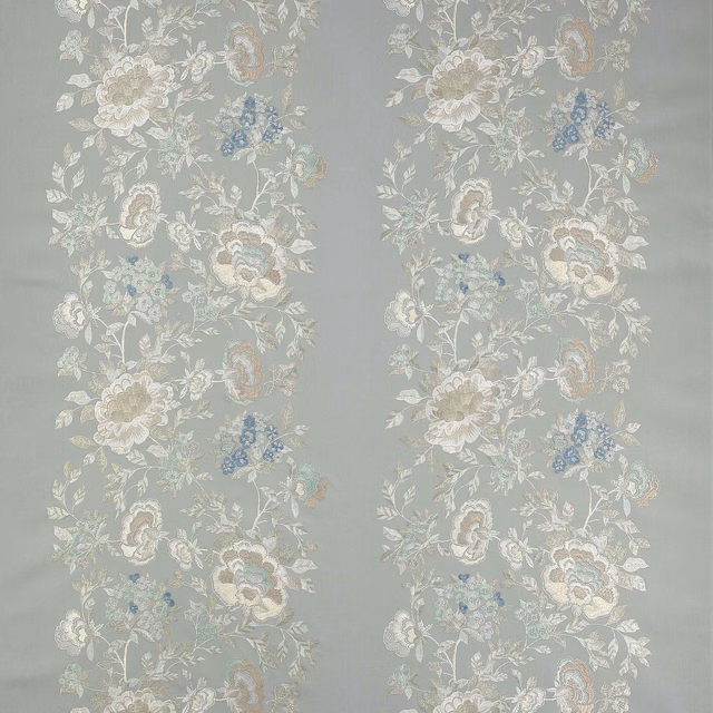 Pale blue-grey floral stripe fabric with ivory blooms and soft trailing leaves
