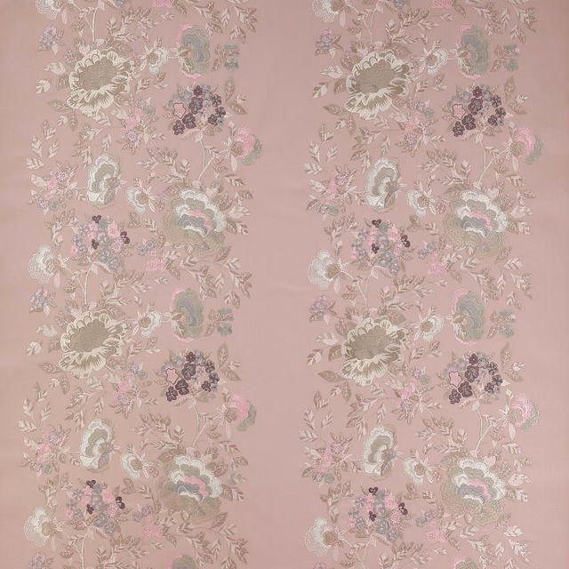 Soft old pink floral fabric with trailing bouquets and muted pastel detail