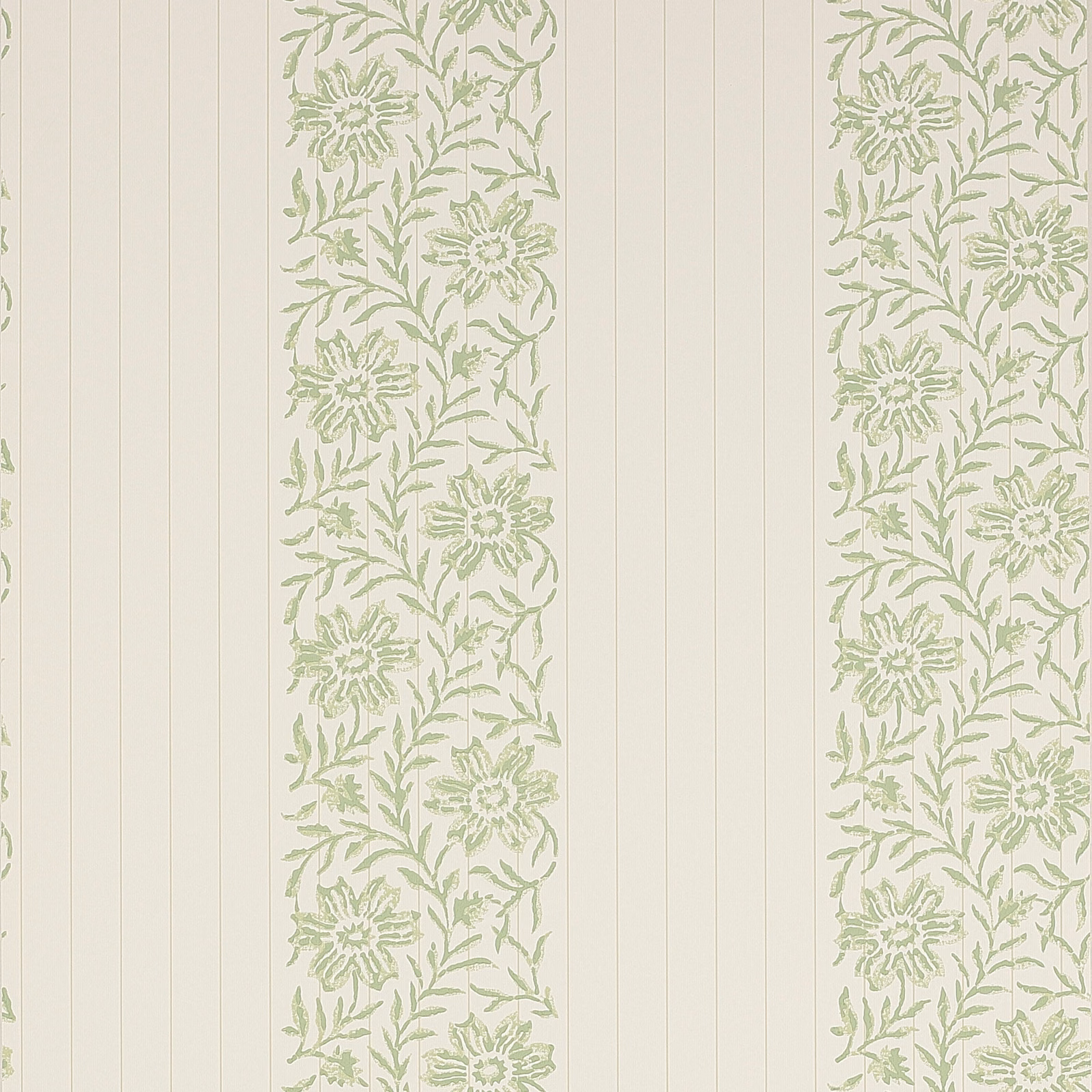 Soft ivory wallpaper with pale sage floral panels and fine vertical pinstripes