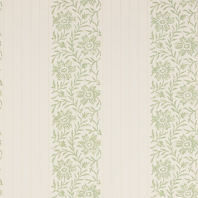 Soft ivory wallpaper with pale sage floral panels and fine vertical pinstripes