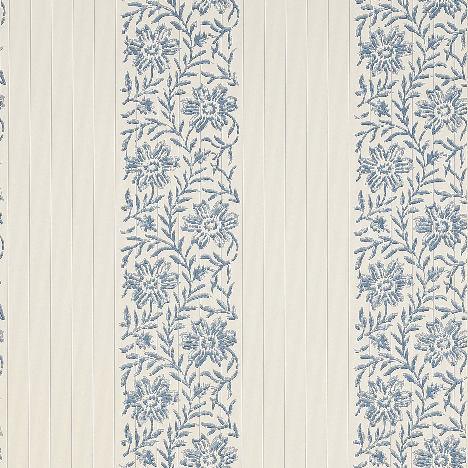 Muted navy-blue floral columns on an ivory ground with fine vertical stripes