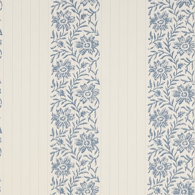 Muted navy-blue floral columns on an ivory ground with fine vertical stripes