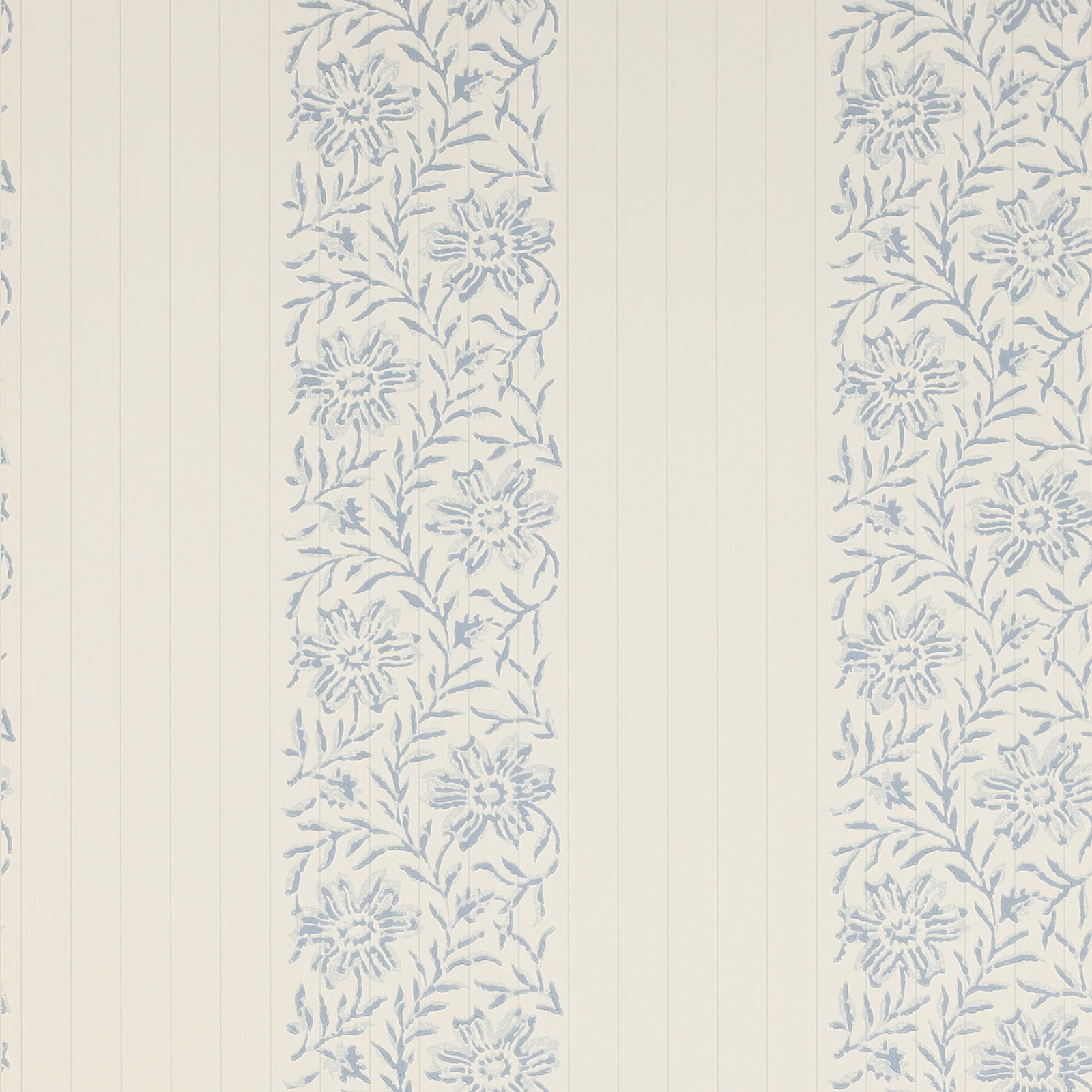 Powder-blue floral bands on a softly cream vertically striped wallpaper