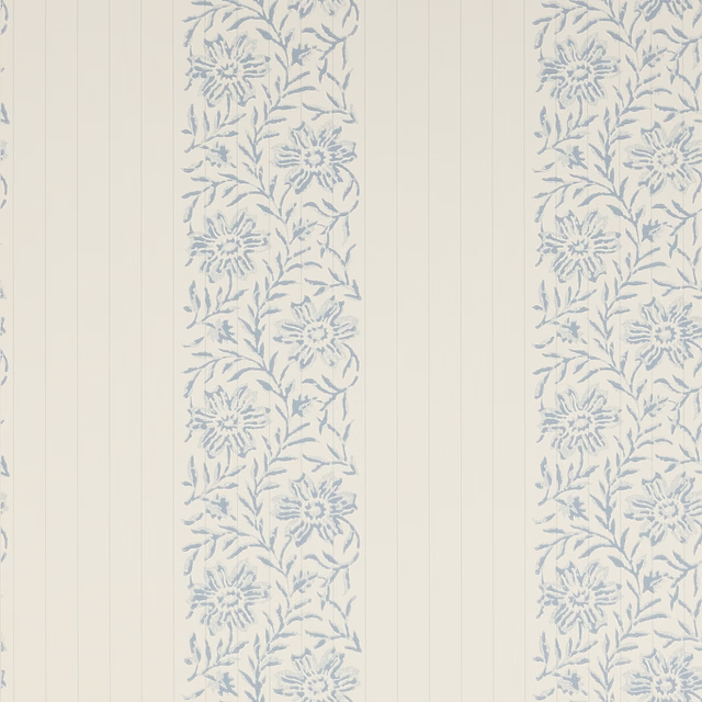 Powder-blue floral bands on a softly cream vertically striped wallpaper