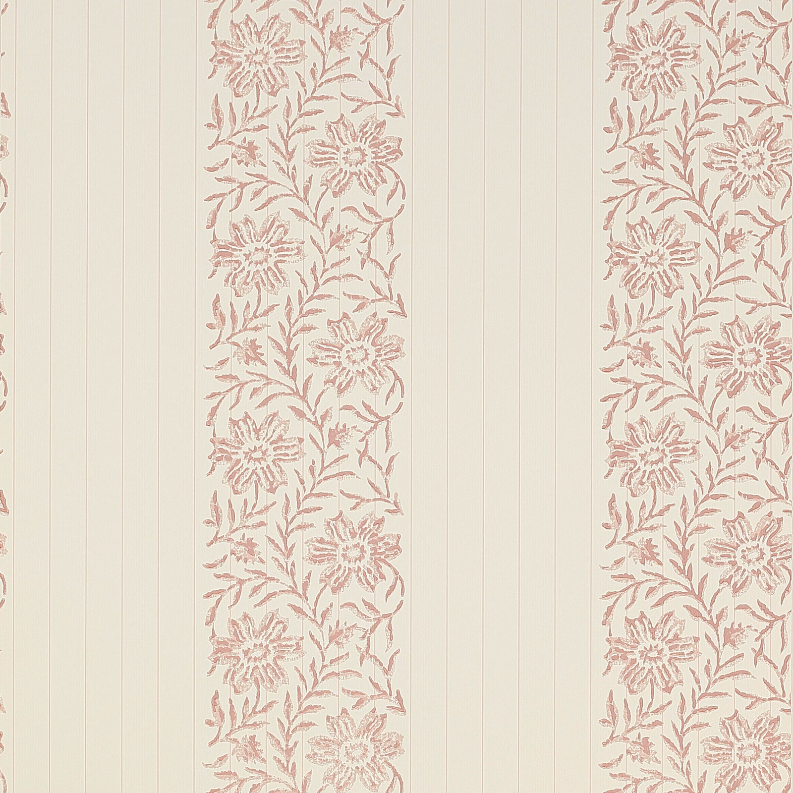 Dusty blush floral vine columns on pale ivory wallpaper with fine vertical lines