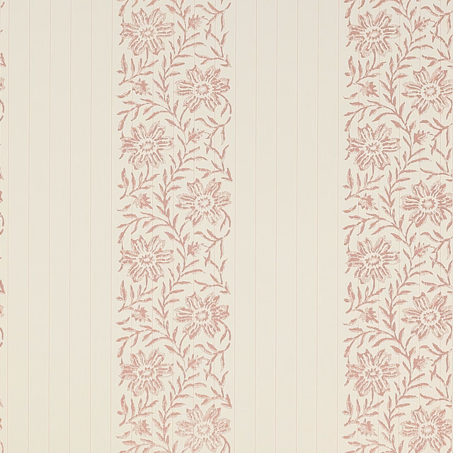 Dusty blush floral vine columns on pale ivory wallpaper with fine vertical lines