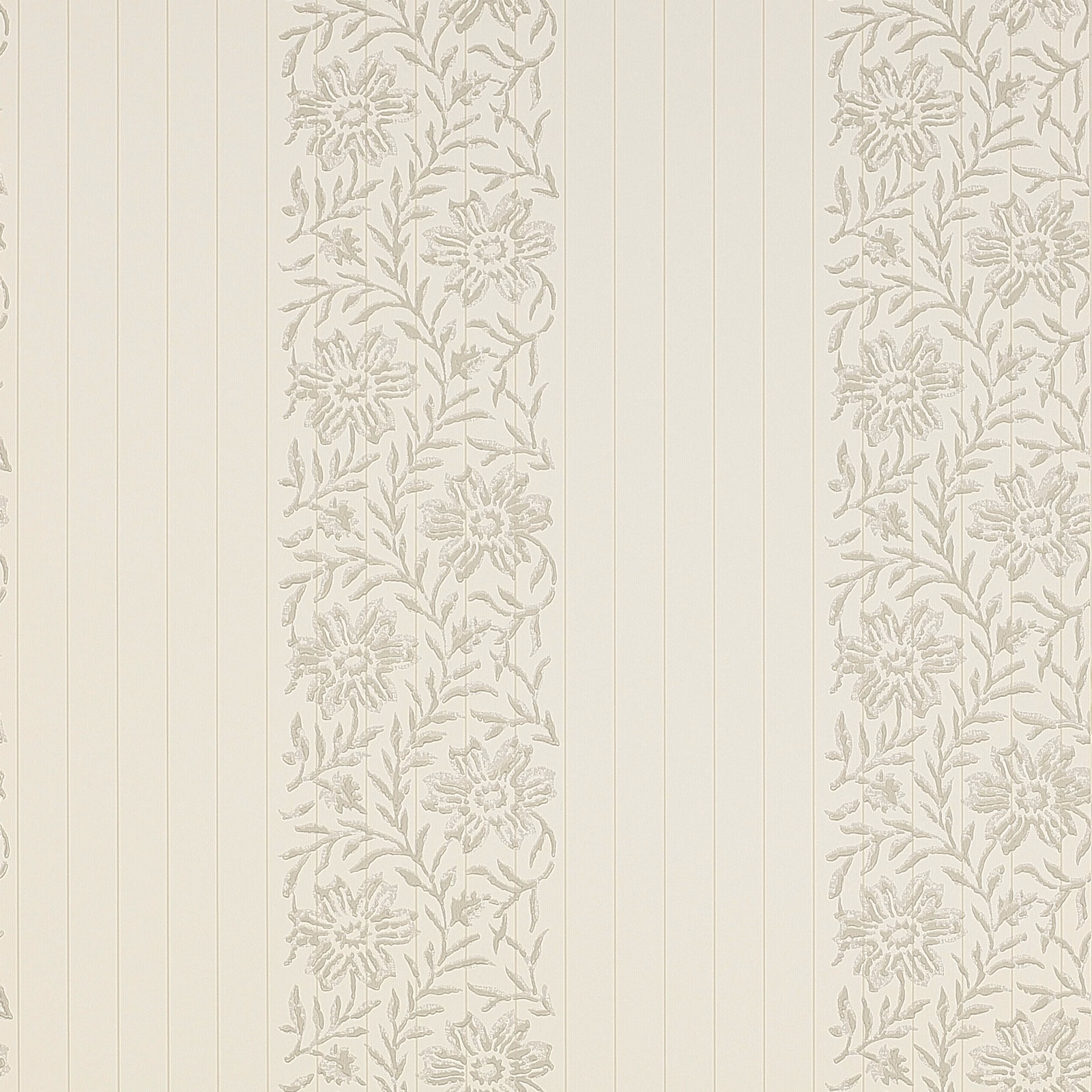 Pale silver-grey floral bands and fine vertical stripes on a creamy ground