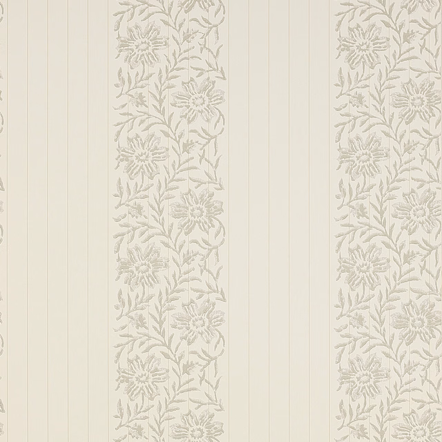 Pale silver-grey floral bands and fine vertical stripes on a creamy ground