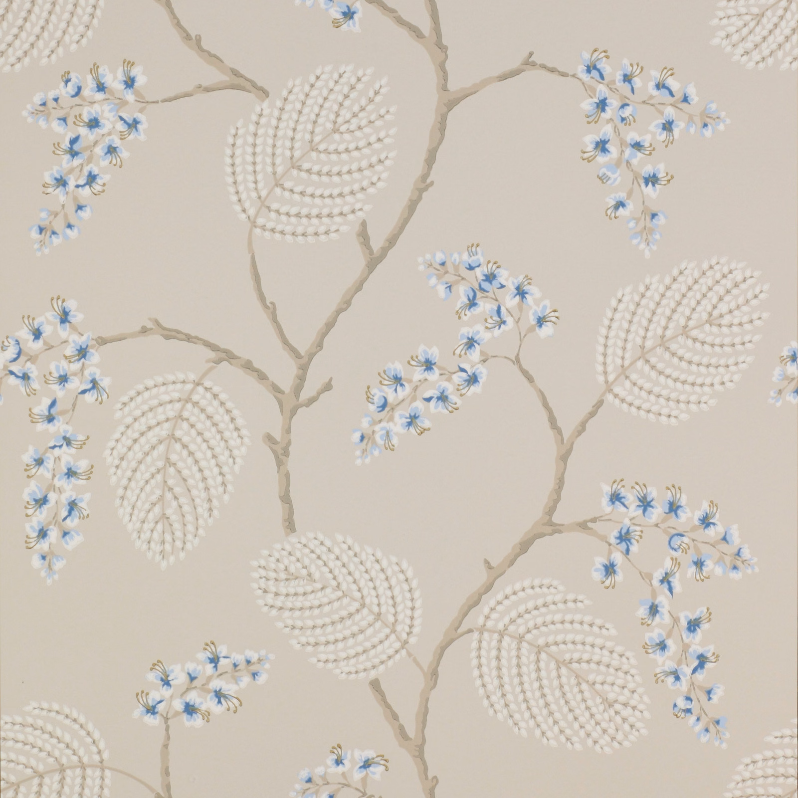 Blue blossom sprays and ivory leaves on beige wallpaper with taupe branching stems