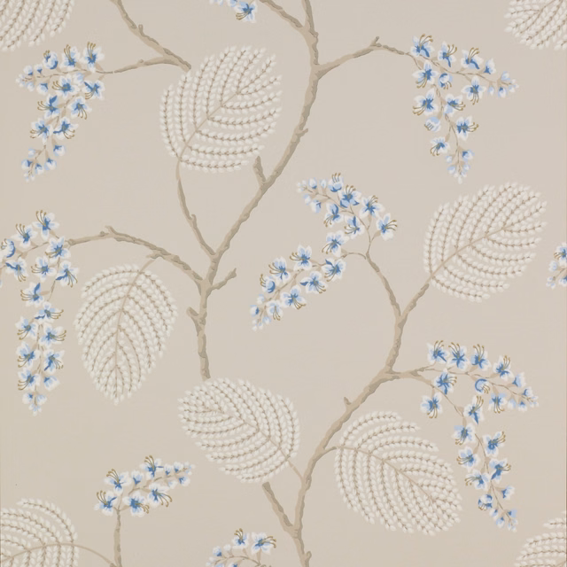 Blue blossom sprays and ivory leaves on beige wallpaper with taupe branching stems