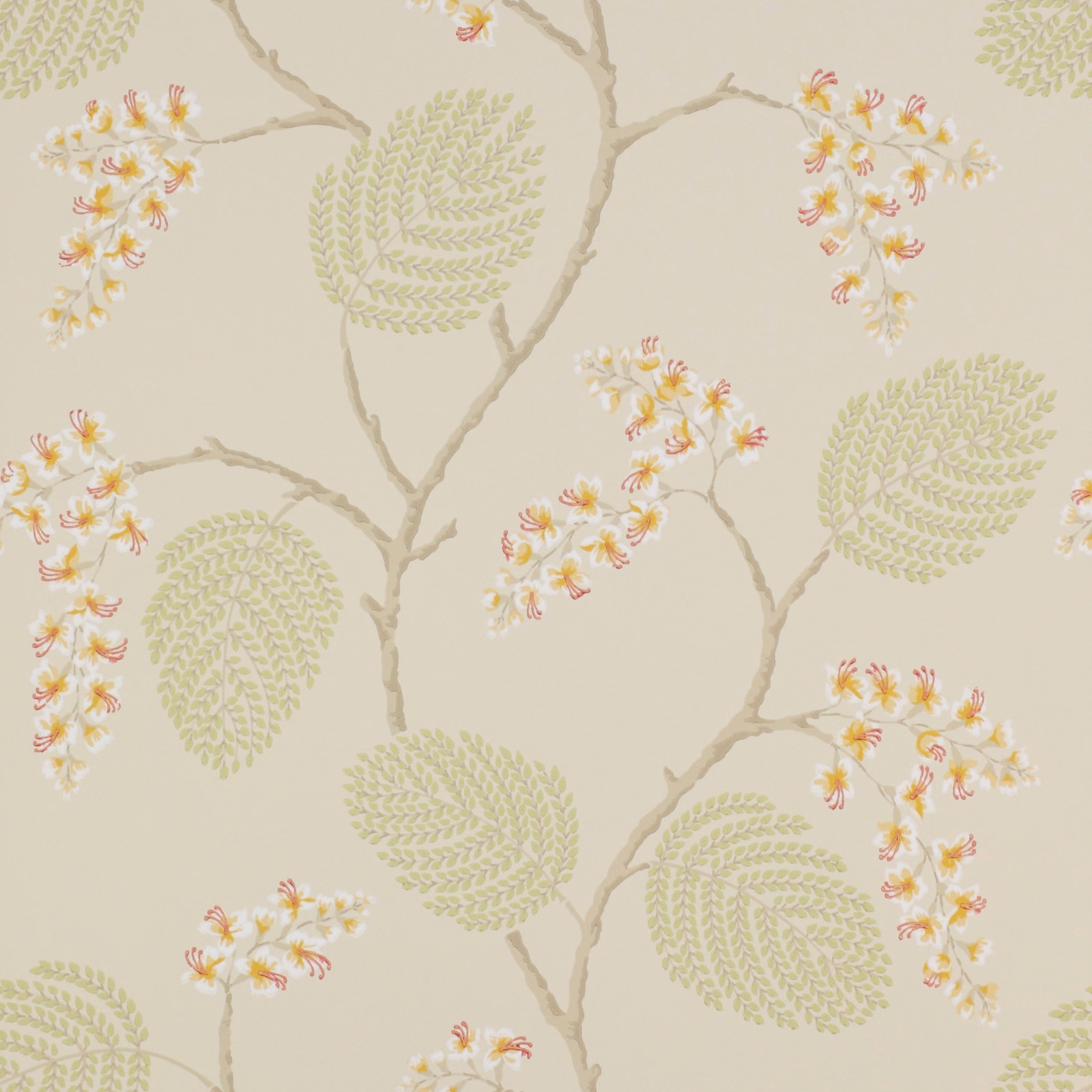 Stone wallpaper with olive fern leaves, taupe branches and coral blossom sprays