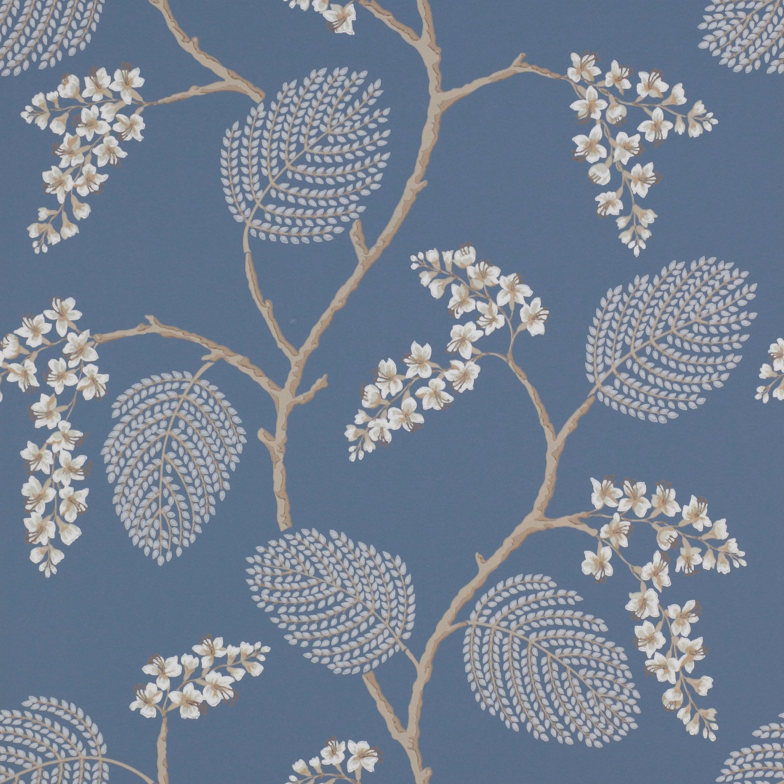 Blue-navy botanical wallpaper with ivory blossom sprays, beige branches and pale fern-like leaves