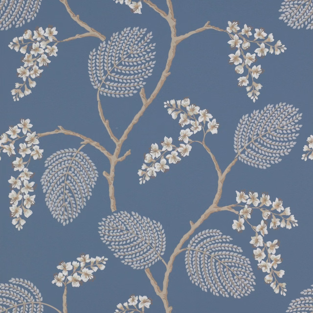 Blue-navy botanical wallpaper with ivory blossom sprays, beige branches and pale fern-like leaves