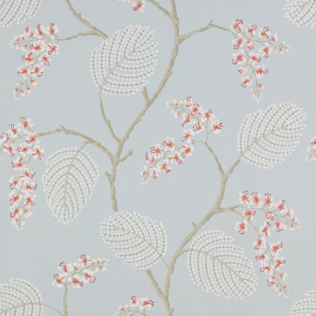 Pale blue-grey botanical wallpaper with white leaves, olive branches and pink blossoms
