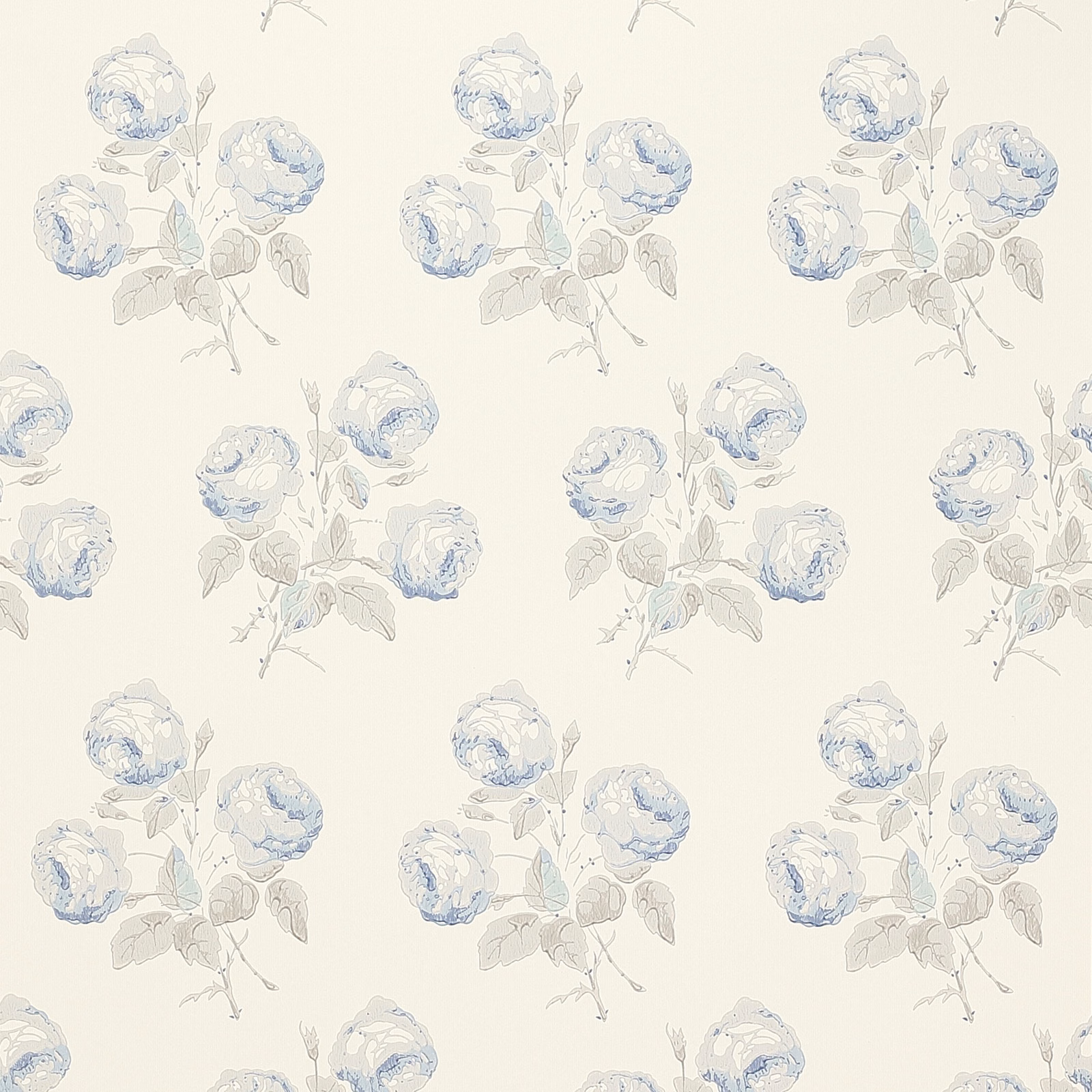 Pale blue-grey rose sprigs on an ivory Bowood wallpaper ground