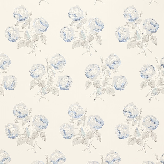 Pale blue-grey rose sprigs on an ivory Bowood wallpaper ground