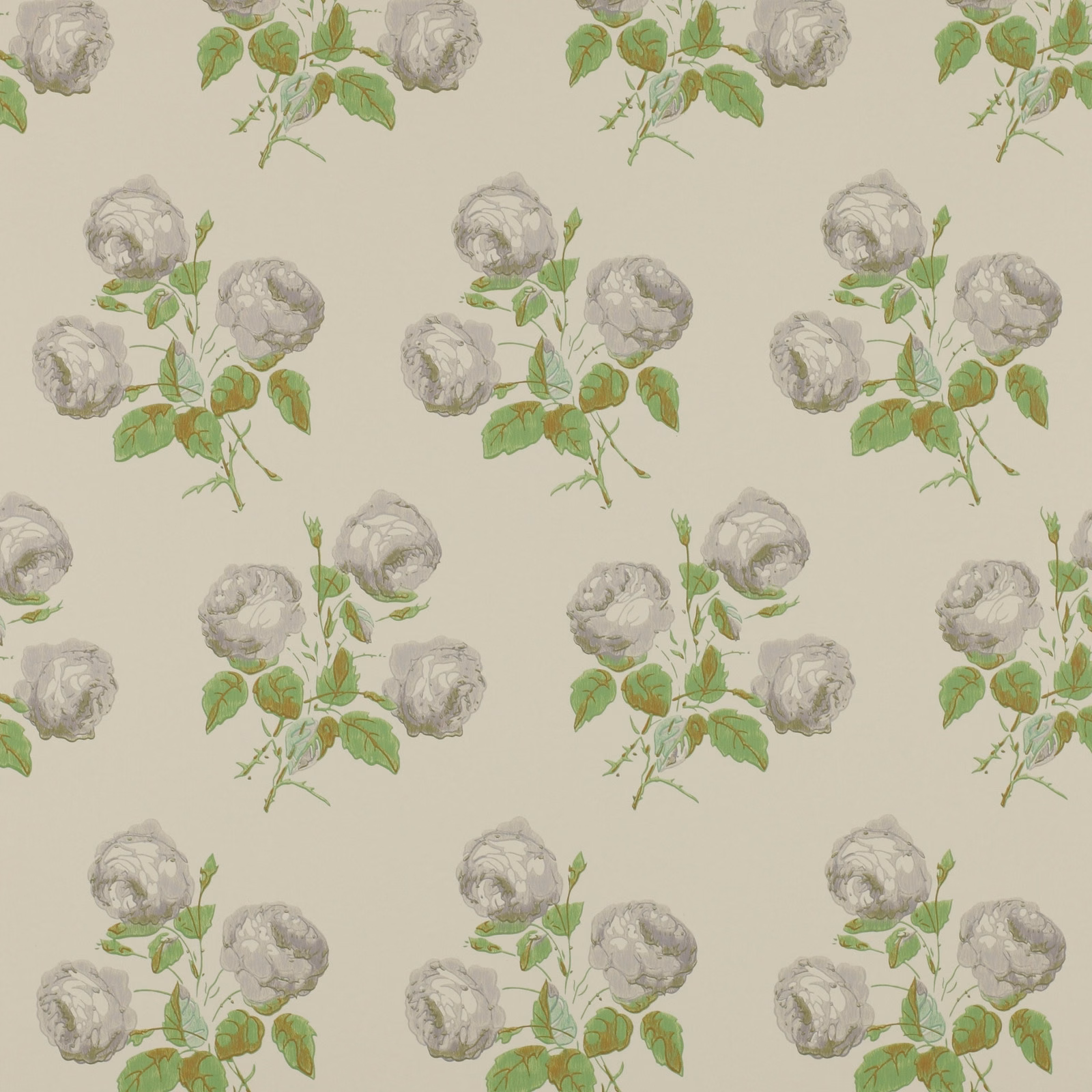 Grey rose clusters with sage leaves on a softly muted green ground
