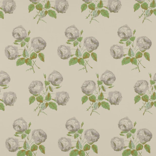 Grey rose clusters with sage leaves on a softly muted green ground