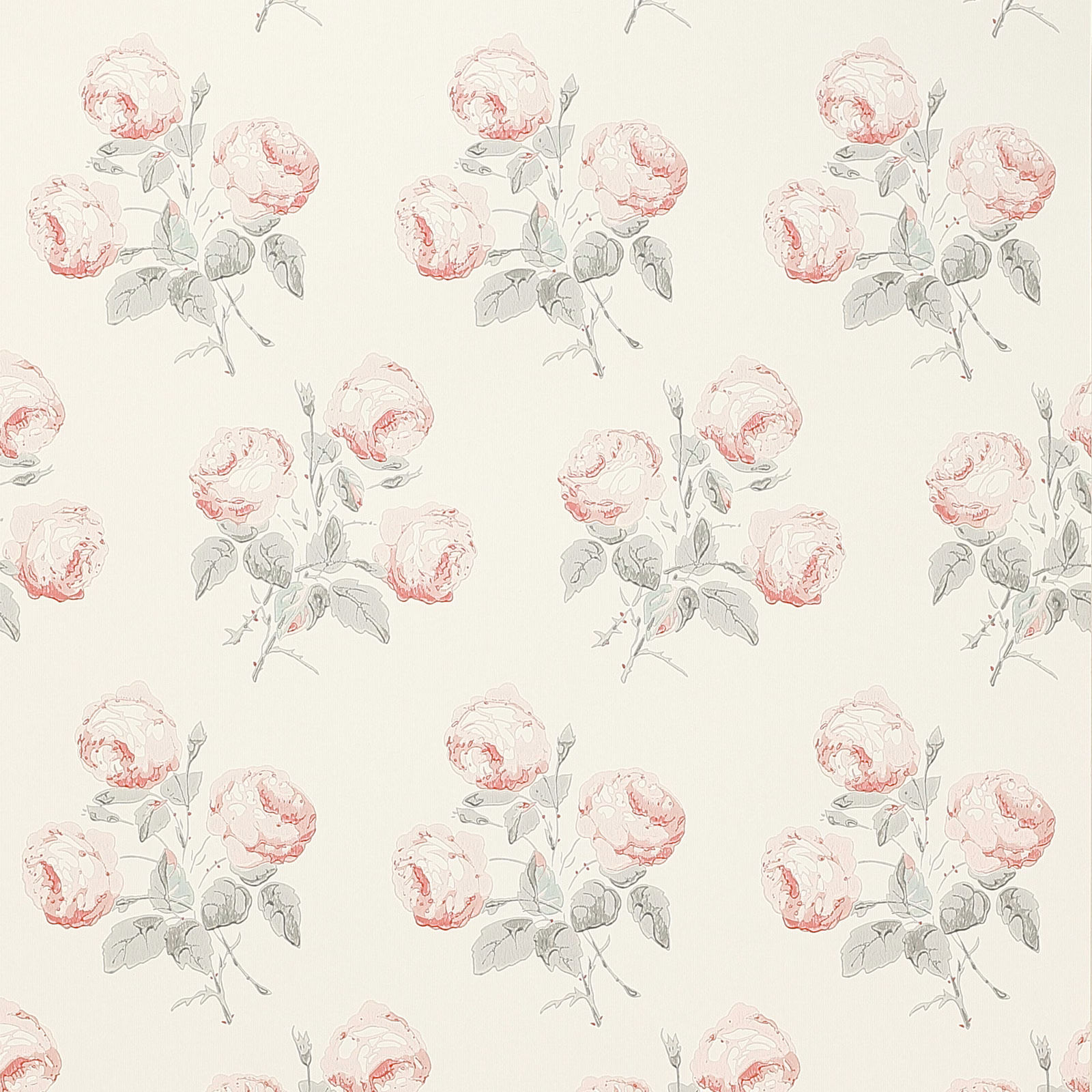 Warm ivory wallpaper with blush roses and cool grey leafy sprigs in repeat
