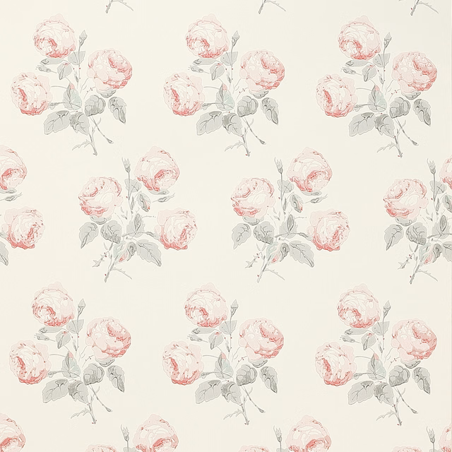Warm ivory wallpaper with blush roses and cool grey leafy sprigs in repeat