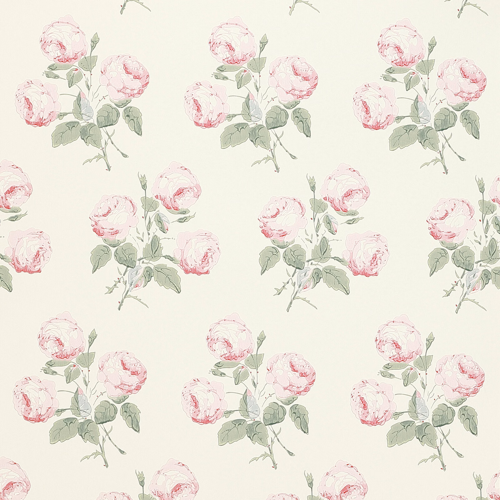 Blush pink floral sprays with sage leaves on a pale cream wallpaper ground