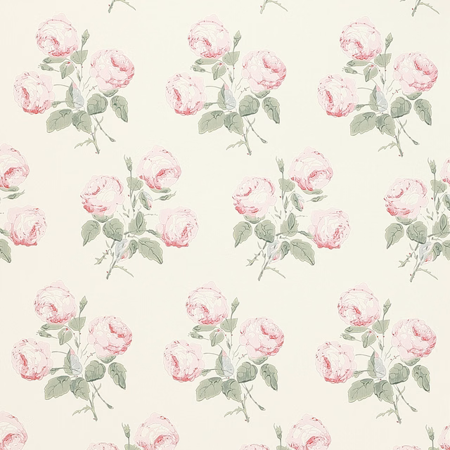 Blush pink floral sprays with sage leaves on a pale cream wallpaper ground