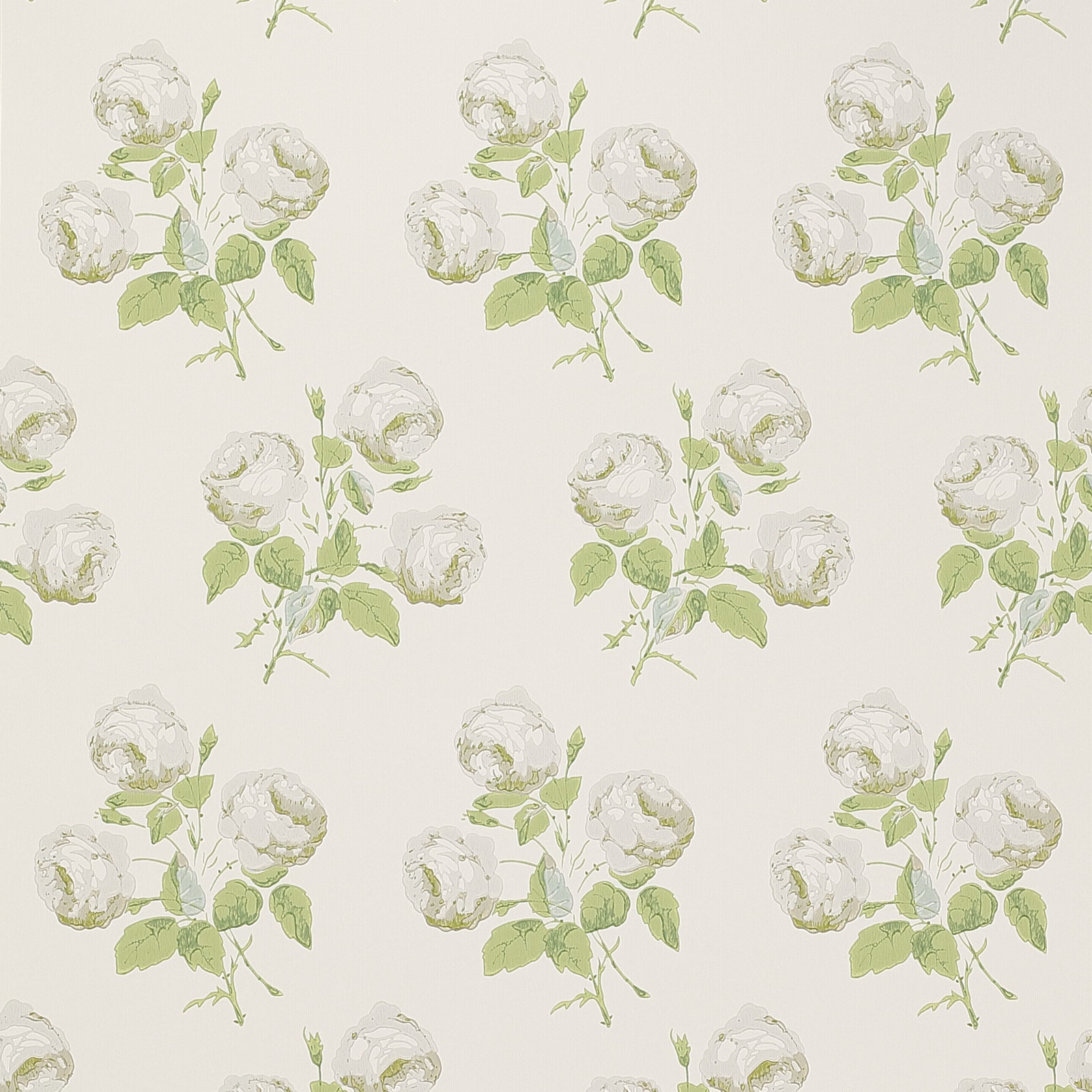 Cream wallpaper with pale silver flower sprays and soft leaf-green foliage