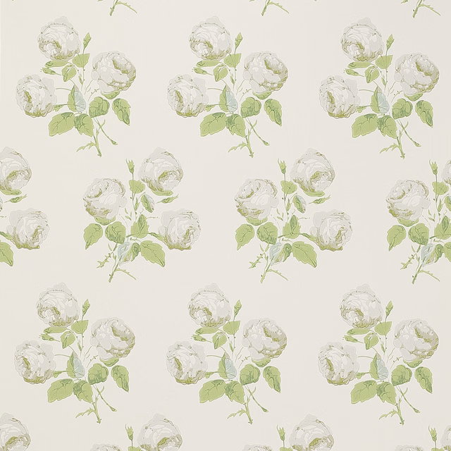 Cream wallpaper with pale silver flower sprays and soft leaf-green foliage