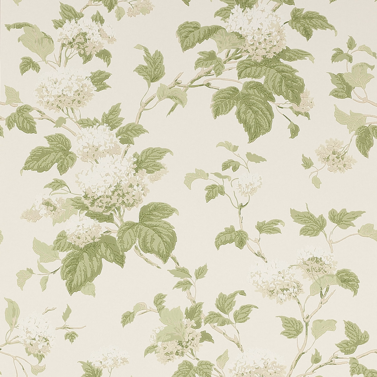 Ivory wallpaper with pale green leafy branches and clustered white flowers