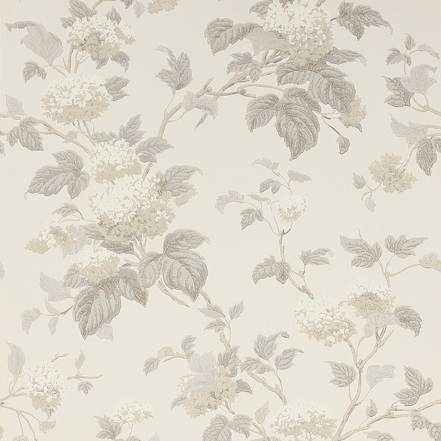 Pale ivory wallpaper with silver-grey flowering branches, clustered blooms and leafy stems