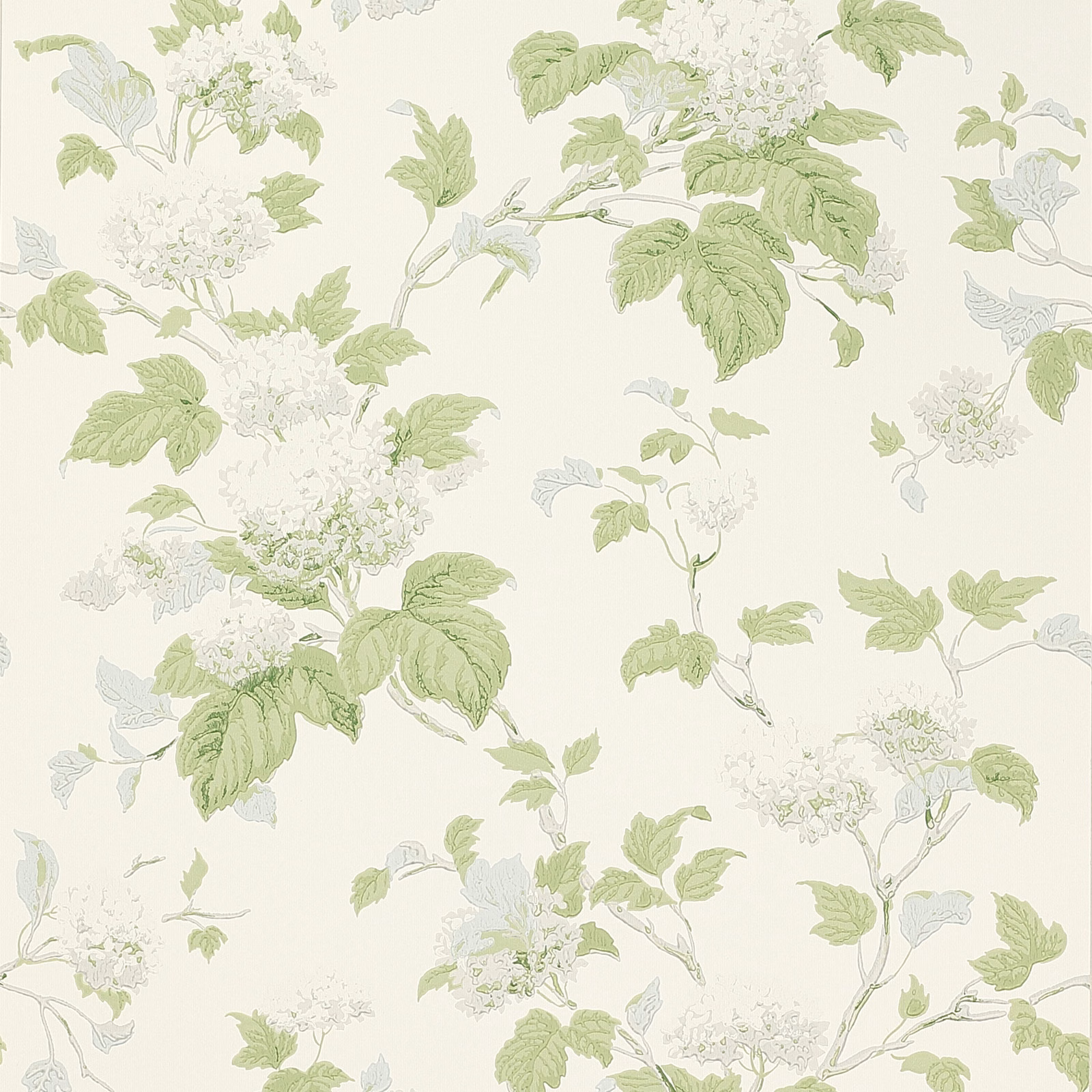 Ivory wallpaper with pale sage leaves, silver-grey foliage and white flower sprays