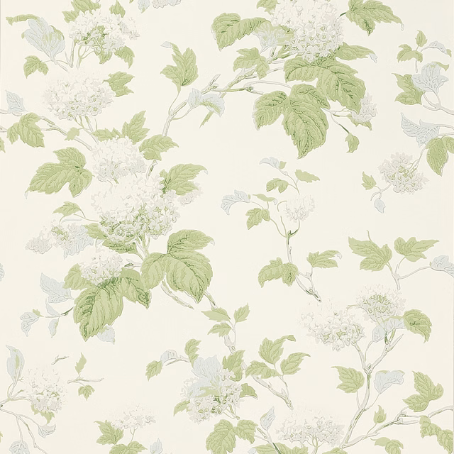Ivory wallpaper with pale sage leaves, silver-grey foliage and white flower sprays