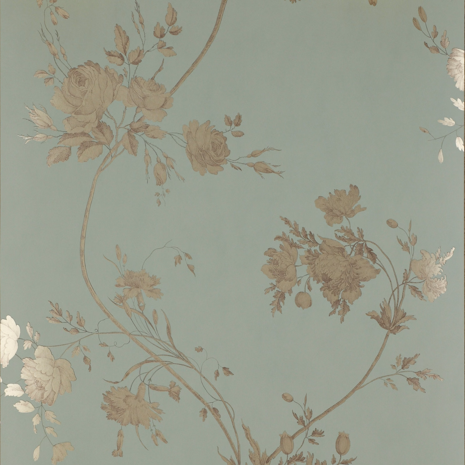 Muted aqua wallpaper with taupe rose sprays, pale cream blossoms, and fine curling stems