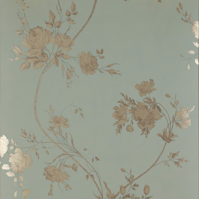 Muted aqua wallpaper with taupe rose sprays, pale cream blossoms, and fine curling stems