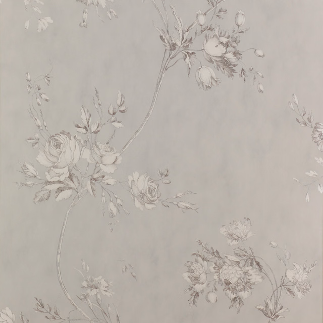 Dove grey wallpaper with trailing taupe roses, bell flowers and fine botanical sprays