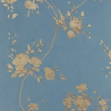 Muted blue wallpaper with beige roses, curling stems and airy botanical sprays