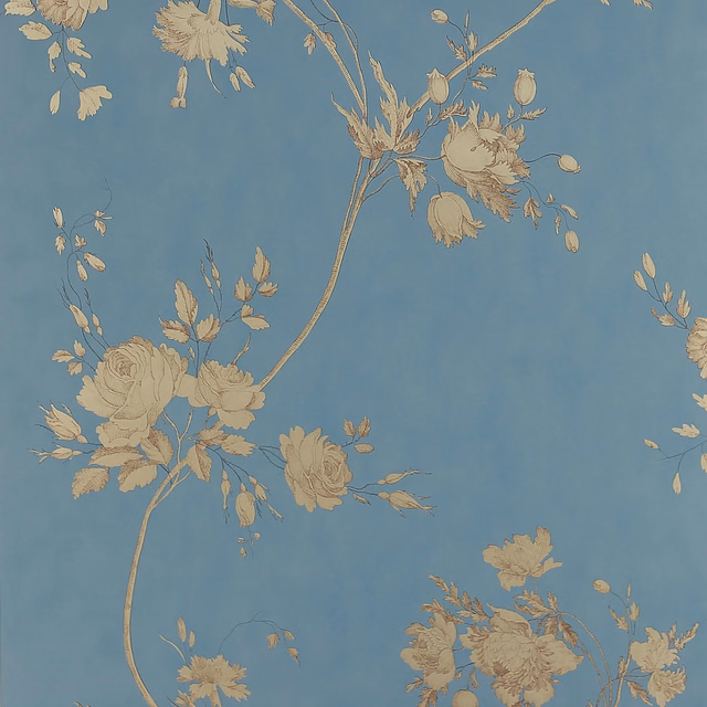 Muted blue wallpaper with beige roses, curling stems and airy botanical sprays