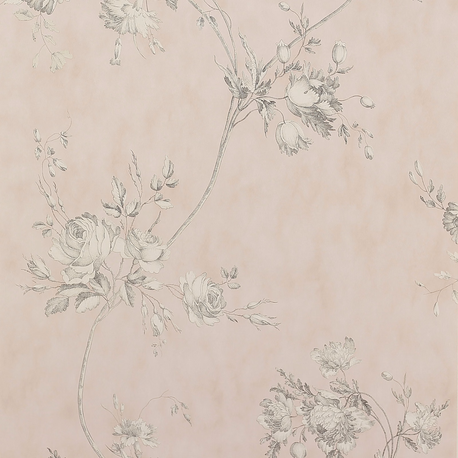 Pale pink wallpaper with airy grey floral sprays, roses and bell-shaped blooms