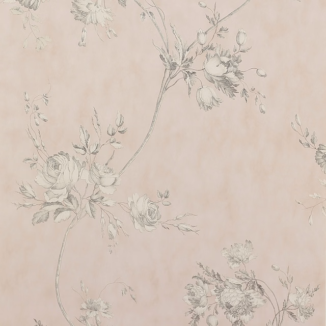 Pale pink wallpaper with airy grey floral sprays, roses and bell-shaped blooms