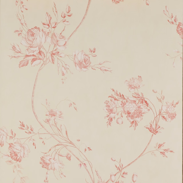 Ivory wallpaper with dusty rose-red roses, trailing stems and clustered floral sprays