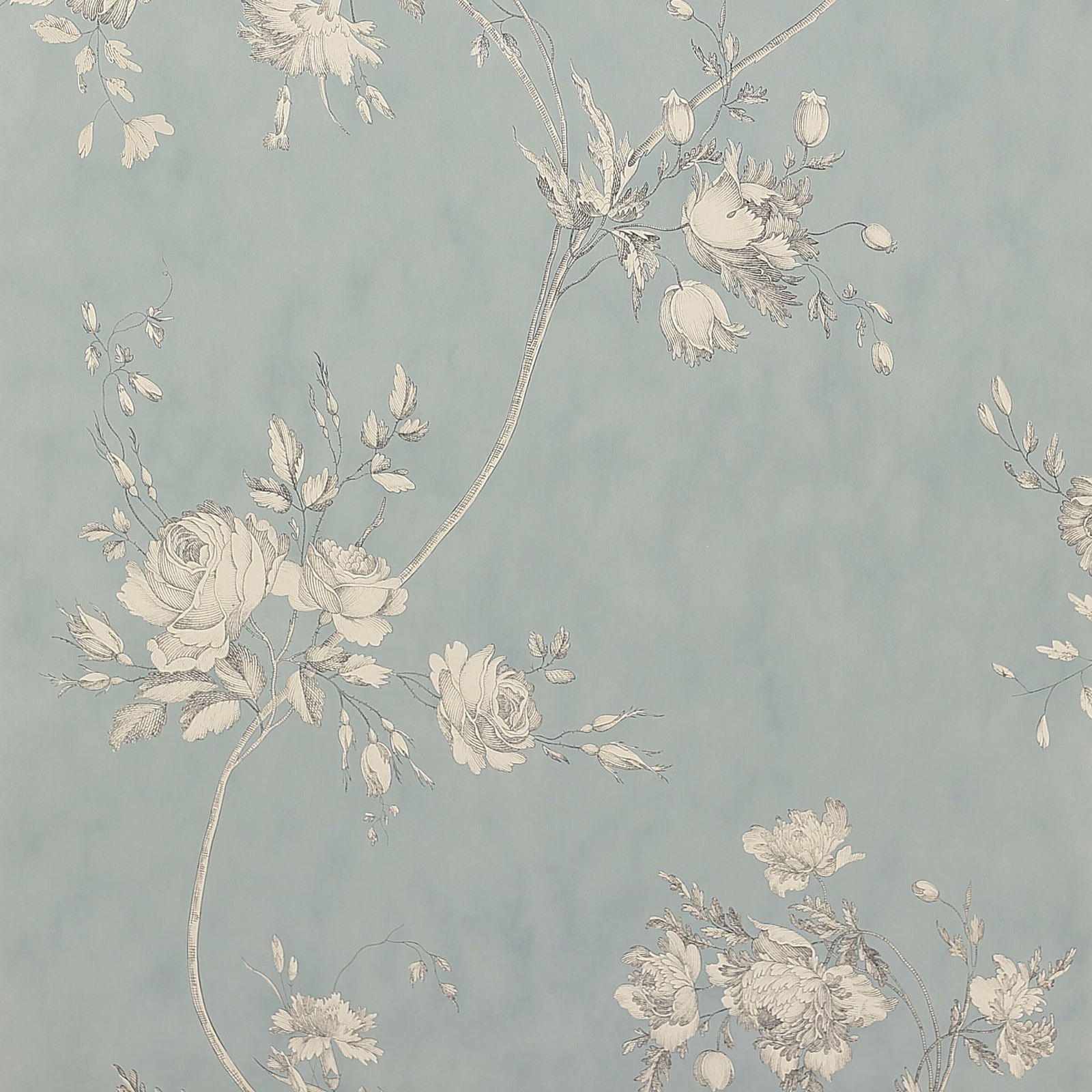 Muted sea-blue floral wallpaper with ivory roses and trailing botanical sprays