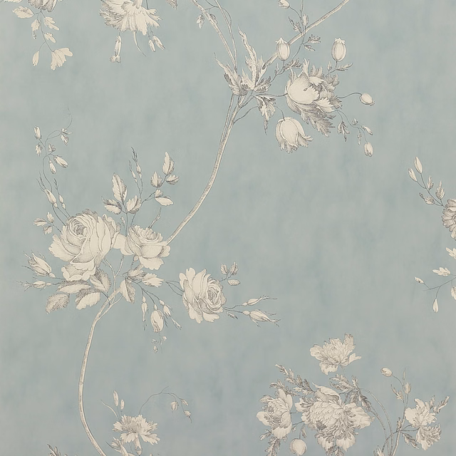 Muted sea-blue floral wallpaper with ivory roses and trailing botanical sprays