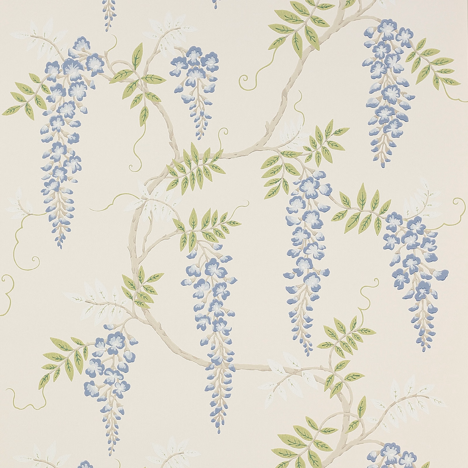 Pale blue wisteria, sage leaves and taupe branches on an ivory wallpaper ground