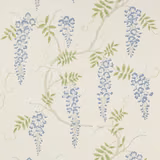 Pale blue wisteria, sage leaves and taupe branches on an ivory wallpaper ground
