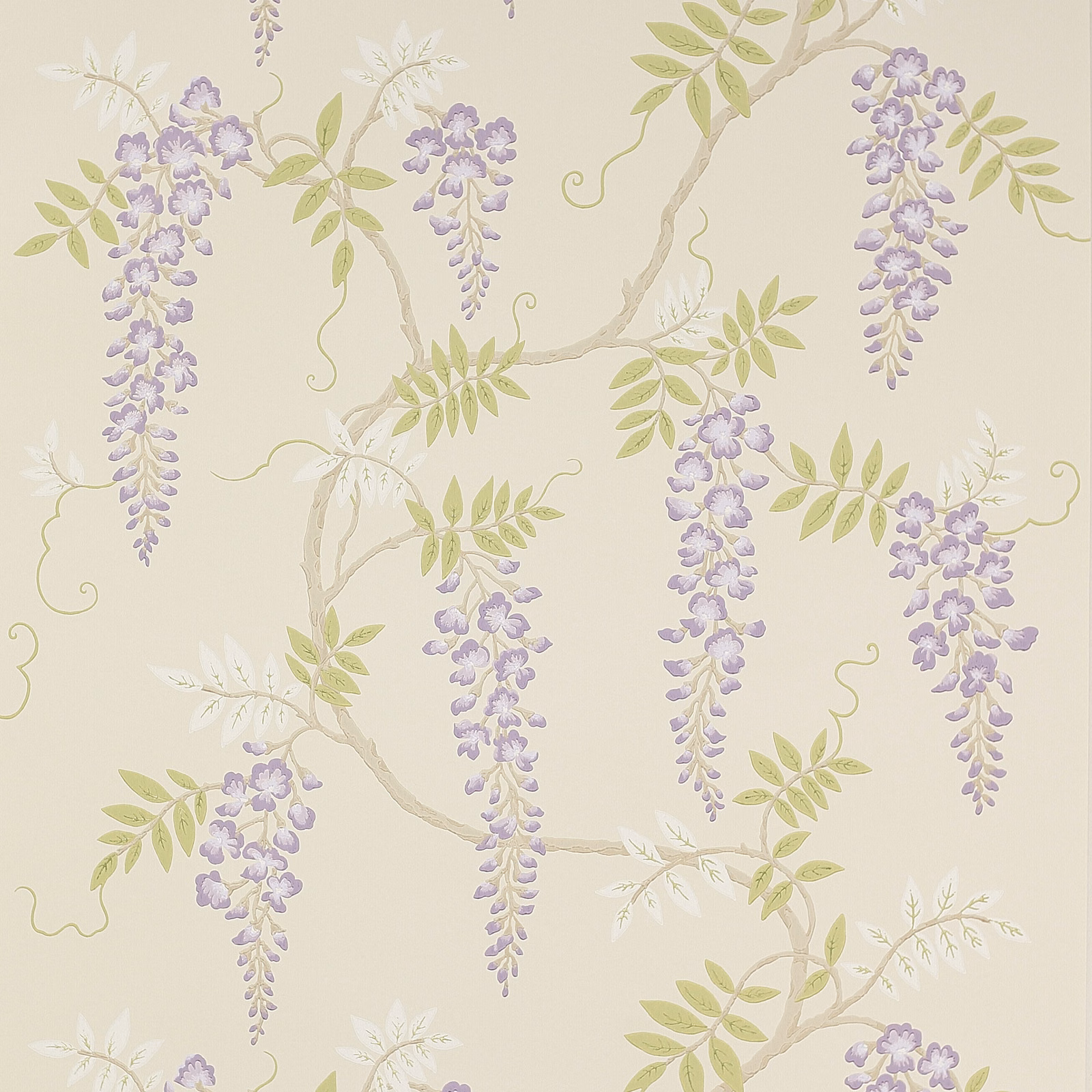 Lilac wisteria sprays, pale green leaves and taupe branches on a cream ground