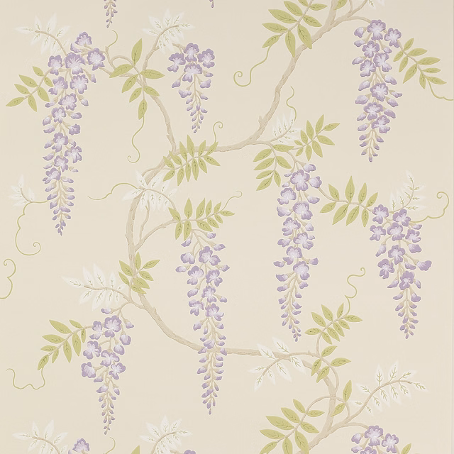 Lilac wisteria sprays, pale green leaves and taupe branches on a cream ground